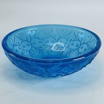 Sapphire Blue Pressed Glass Small Trinket Jewelry Bowl VTG Embossed Vine 4.75in - £11.66 GBP