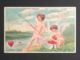 Valentines Day Cupid Fishing for Hearts Embossed Curt Teich Postcard UDB 1908 - £7.81 GBP