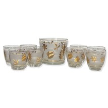 Libbey Gold Leaf Frosted Ice Bucket 8 Rocks Glasses MCM Mid Century - £65.81 GBP