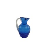 Vintage Small Blue Bluenique Crackle Glass Pitcher Hand Blown Applied Ha... - $22.26