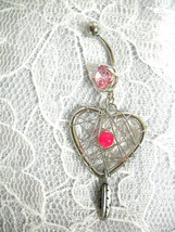 On Sale Spirit Heart Dream Catcher Pink Bead &amp; Dangling Feather 14g Belly Ring - £4.79 GBP