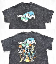 Space Jam Marble Wash Double Sided Graphic Print Black Tee Shirt Large - $24.74