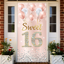 Sweet 16 Birthday Decorations Door Banner for Girls, Pink Rose Gold Happ... - $15.13