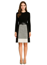 Queen Letizia Inspired Black Rib-knit Top &amp; Belted Colorblock A-line Ski... - $119.99