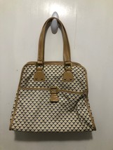 Womens Tote Handbag Geometric Print Tan Navy &amp; Cream Medium Sized EUC - £6.99 GBP