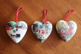 Vintage Lot 3x Decoupage Paper Mache Heart Ornament Santa Christmas Tree... - $10.45