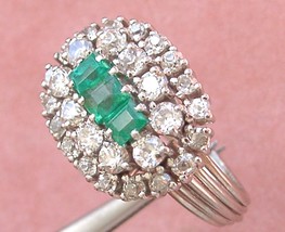 Vintage 1.8 Ctw Diamond .70 Ctw Emerald Sideways Oval Cluster Cocktail Ring 1950 - $3,365.01