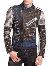 New Handmade Men&#39;s Golden Studded Multi Color Leather Jacket Men Style - £205.37 GBP