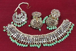 Mirror Jaipuri Green Mint Gold Plated Necklace Jhumka Earrings Tika Jewelry Set - £30.28 GBP