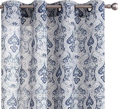 108&quot; Long Blue Curtain Panels With Medallion Print For Living Room And Flax - £43.76 GBP