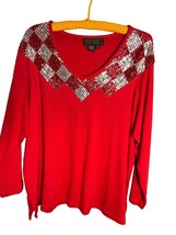 Vintage Red Rhinestone Checkered Embellished Long Sleeve Knit Shirt Holiday - £18.99 GBP