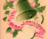 High Releif Embossed &amp; Airbrushed Merry Christmas Bell Ribbon Holly Vtg ... - $3.91