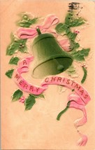 High Releif Embossed &amp; Airbrushed Merry Christmas Bell Ribbon Holly Vtg Postcard - £3.07 GBP