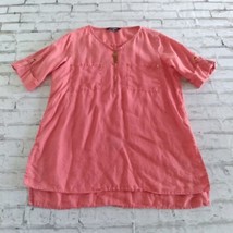 Ellen Tracy Top Womens Small Pink Linen 1/4 Zip Pocket Short Sleeve Tunic Boho - £14.38 GBP