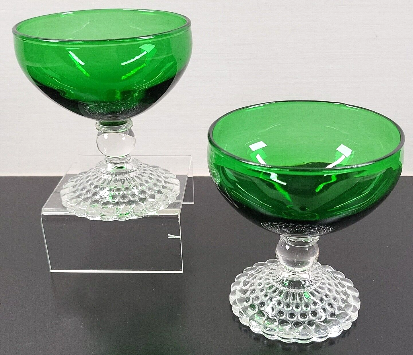 2 Anchor Hocking Bubble Foot Green Champagne Sherbet Glasses Set Vintage... - $29.67