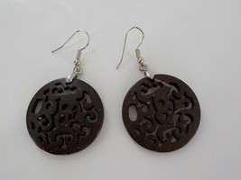 Coconut Shell Round Brown Carved Earrings Drop Dangle Natural Jewelry Beach Wood - £6.25 GBP