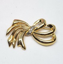 Vintage Clear Rhinestone Gold Tone Bow Brooch Pin - $14.95