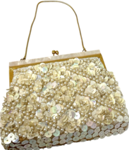 Vintage Beaded Ivory Purse Bag Mother of Pearl Trim Handle Clasp Hong Kong image 3
