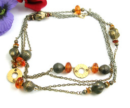 2 Strand Vintage Necklace Ambertone Beads Dark Goldtone 36&quot; Casual Corner - £15.12 GBP