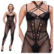 FISHNET CATSUIT SATIN TRIM FULL LENGTH UNDERWIRE TOP ADJUSTABLE BLACK - €42,88 EUR