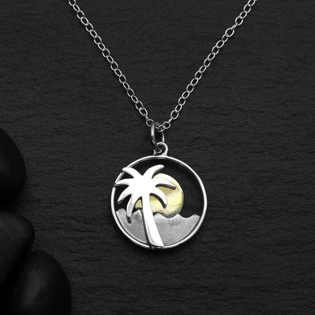Sterling Silver Palm Tree Necklace with Bronze Sun - $65.18