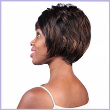 Black Brown Short Straight Hair with Long Bangs Pixie Style Cut Full Lace Wig image 2