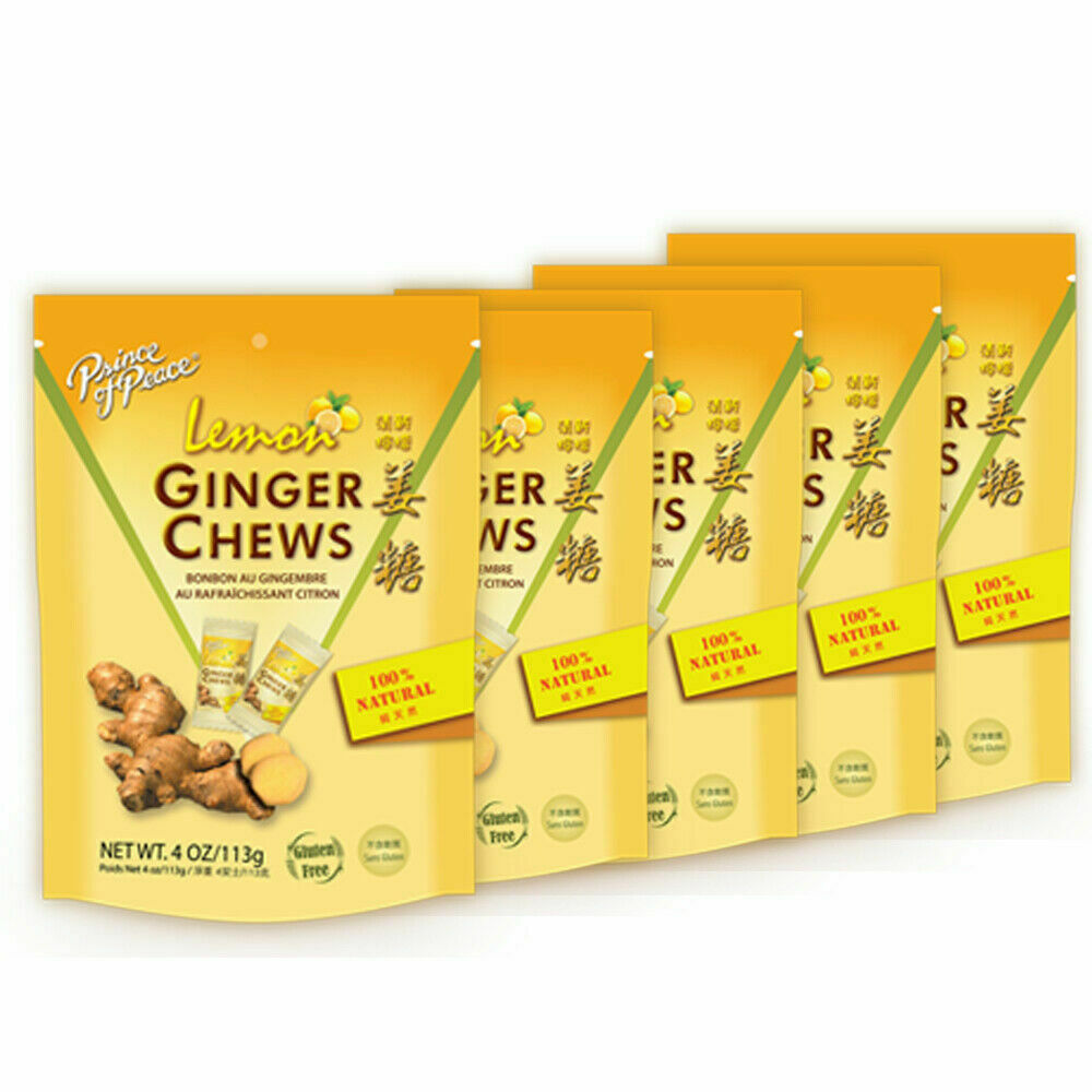 5 PACK PRINCE OF PEACE GINGER LEMON CHEWS CANDY SWEET & SPICY CHEWY ORGANIC - $24.75