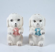 Dogs Salt and Pepper Shakers Ceramic White Wearing a Blue and Pink Bow Vintage - £7.81 GBP