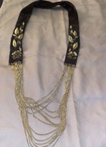 Vintage 28” Necklace Brown Fabric With Accents And Gold Multi Chains - £8.25 GBP