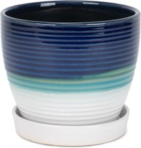Blue, Green, And White Ceramic Flower Pot Planter With Saucer,, 4 5 Inch. - £30.57 GBP