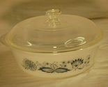 Vintage Ovenware Milk Glass Covered Round Dish 514 2 Qt. w Blue Modern F... - $39.59