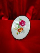 MCM 60s Vtg White Floral Red Rose Porcelain Sterling Round Brooch Czecho... - $48.37