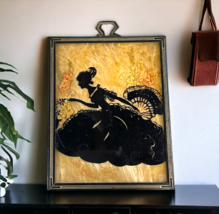 Vintage Silhouette Picture Victorian Woman With Hand Fan Pressed Flowers 3” X 4” - £25.28 GBP