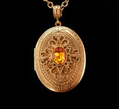 Vintage Signed locket Sweetheart photo necklace Yellow rhinestone pendant origin - £93.36 GBP