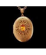 Vintage Signed locket Sweetheart photo necklace Yellow rhinestone pendan... - £98.77 GBP