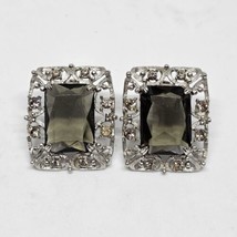 VTG Sarah Coventry Silvertone Large Faceted Smoky Crystal Green Clip On Earrings - £23.68 GBP