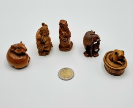 Ensemble De 5 Ancien Bois Japonais Netsuke. Tout Signé Par The Machine - £219.82 GBP