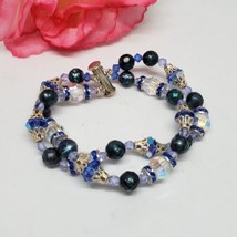Blue Clear Faceted Crystal &amp; Abalone Beaded Bracelet 925 Sterling Silver Clasp - £18.05 GBP