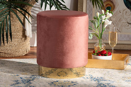 Raya Blush Pink Velvet Fabric Upholstered and Gold Finished Metal Ottoman - $605.87 MXN