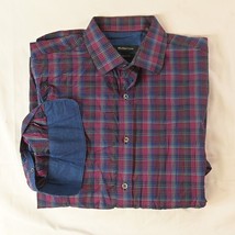 BUGATCHI UOMO Medium Blue Pink Plaid Classic Fit Contrast Cuff Dress Shirt - £17.18 GBP