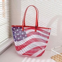Mesh American Flag Tote Beach Bag With Metallic Red Handles - $31.68