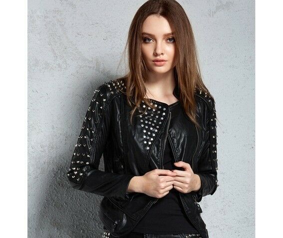 Women's Black Color Biker Zipper Genuine Leather Silver Studded Handmade Jacket