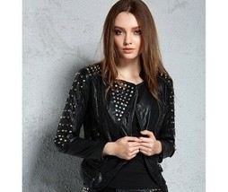Women&#39;s Black Color Biker Zipper Genuine Leather Silver Studded Handmade... - £138.70 GBP