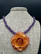 Vintage Amethyst Beaded Necklace  Preserved  Yellow Rose Pendant Sterlin... - $50.00