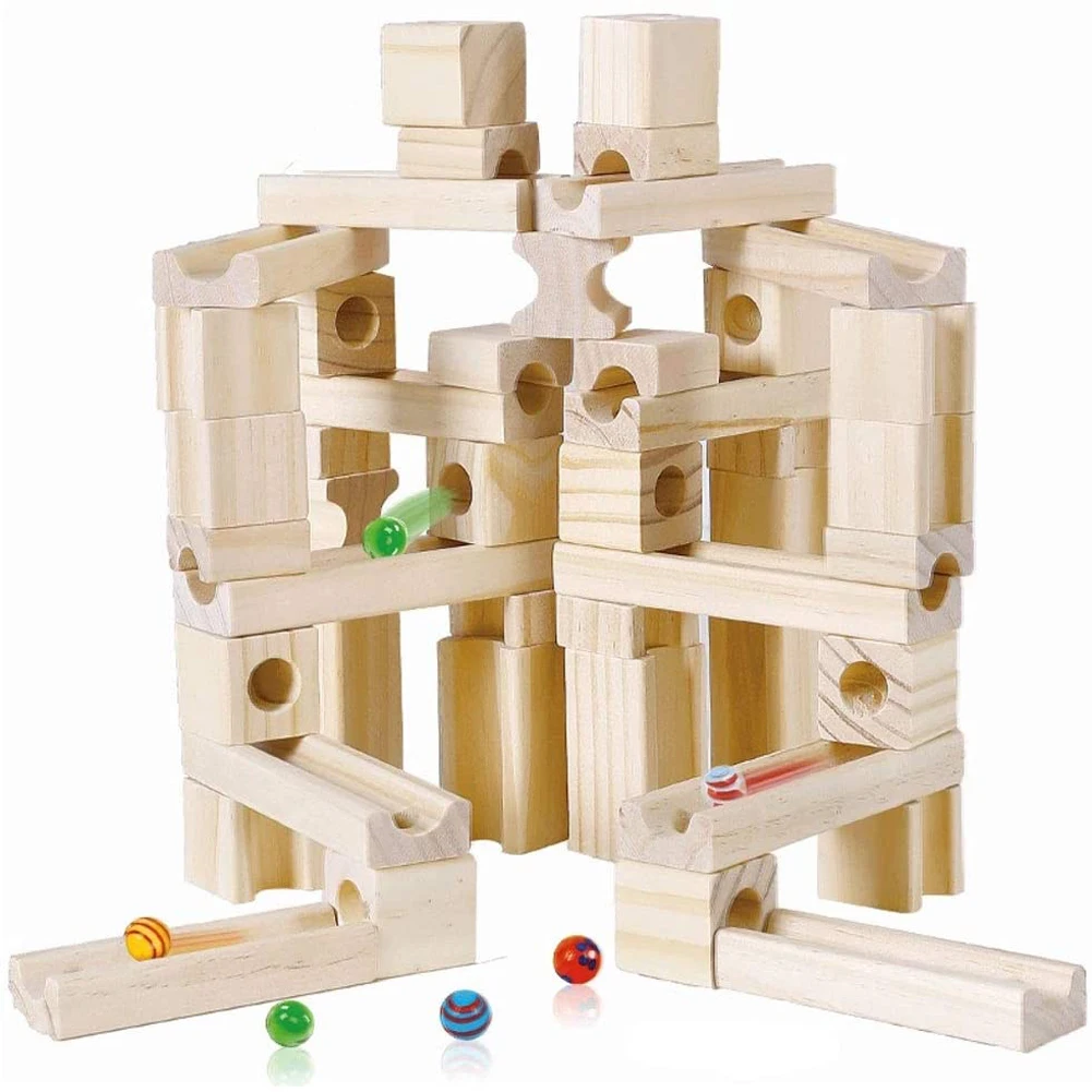 Wooden Marble Run Building Blocks, Construction Ball Run Tracks Toys Montessori - £77.81 GBP+