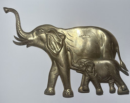 Vintage Brass Elephants Wall Hanging Art Trunks Up Mom And Baby - £34.56 GBP