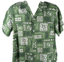 Vintage Hawaiian Button Front Shirt Large Green Aloha Island Symbols Howie - £15.41 GBP