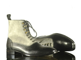 Handmade Men Black Gray Leather Suede Brogue Toe Lace Up Boots,Men Designer Boot - £127.49 GBP