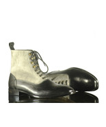 Handmade Men Black Gray Leather Suede Brogue Toe Lace Up Boots,Men Designer Boot - £127.59 GBP