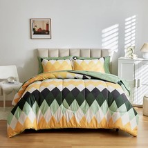 Rhombus Comforter Sheet Set 7 Pieces Bed In A Bag White Green Yellow Diamond Que - £67.22 GBP